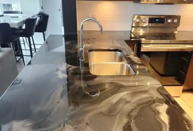 Seamless benchtop epoxy resurfacing in a modern kitchen by Resin Masters